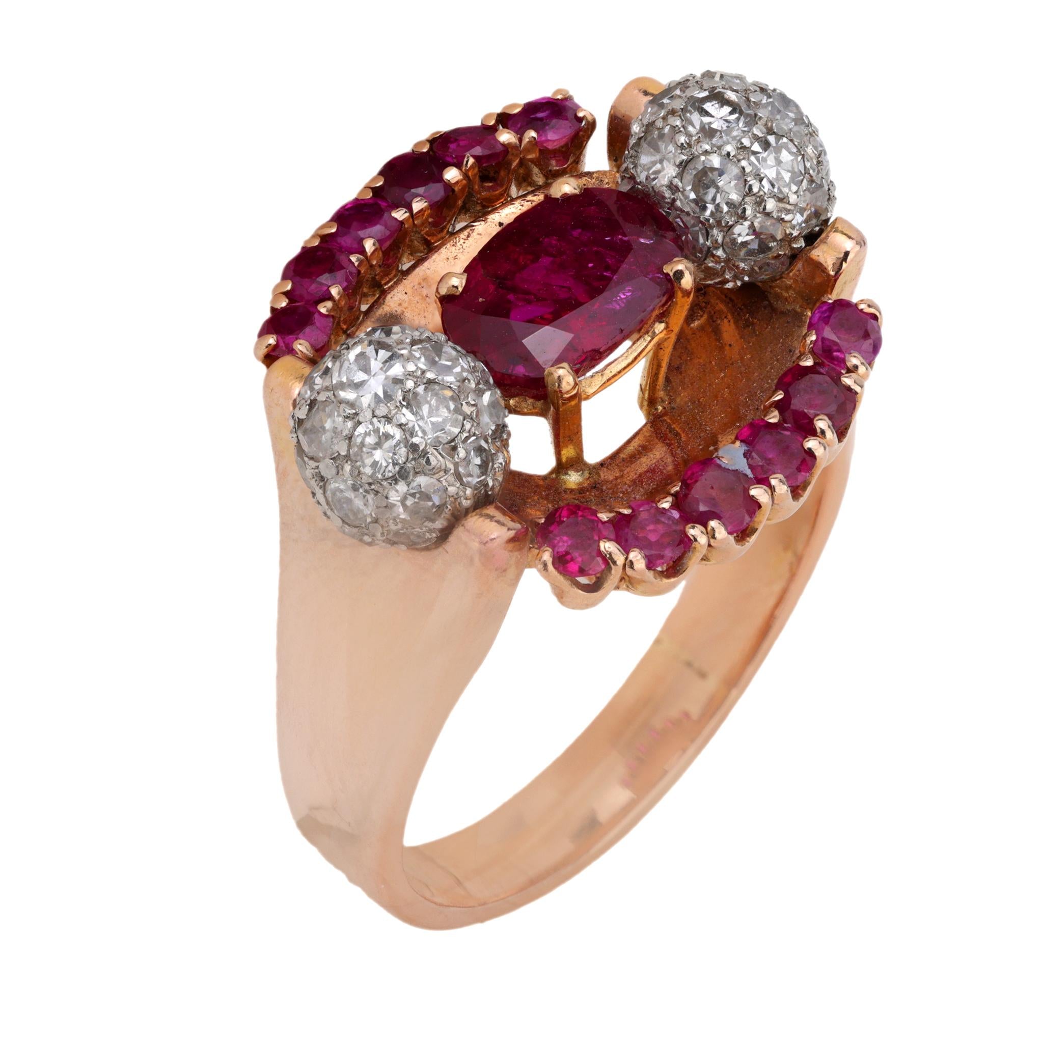 Retro GIA 1.30 carat Burma no heat ruby and diamond 14k rose gold cocktail ring