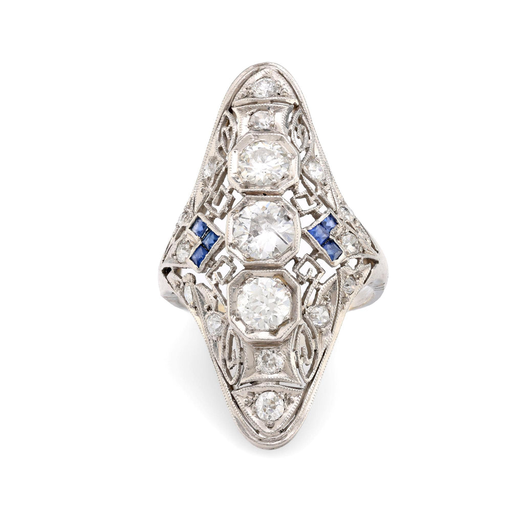 Art Deco 1.5 carat total weight diamond sapphire platinum Navette ring Jack Weir & Sons