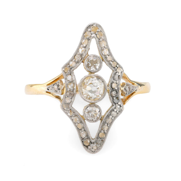 Art Deco 18k yellow gold diamond navette ring Jack Weir & Sons