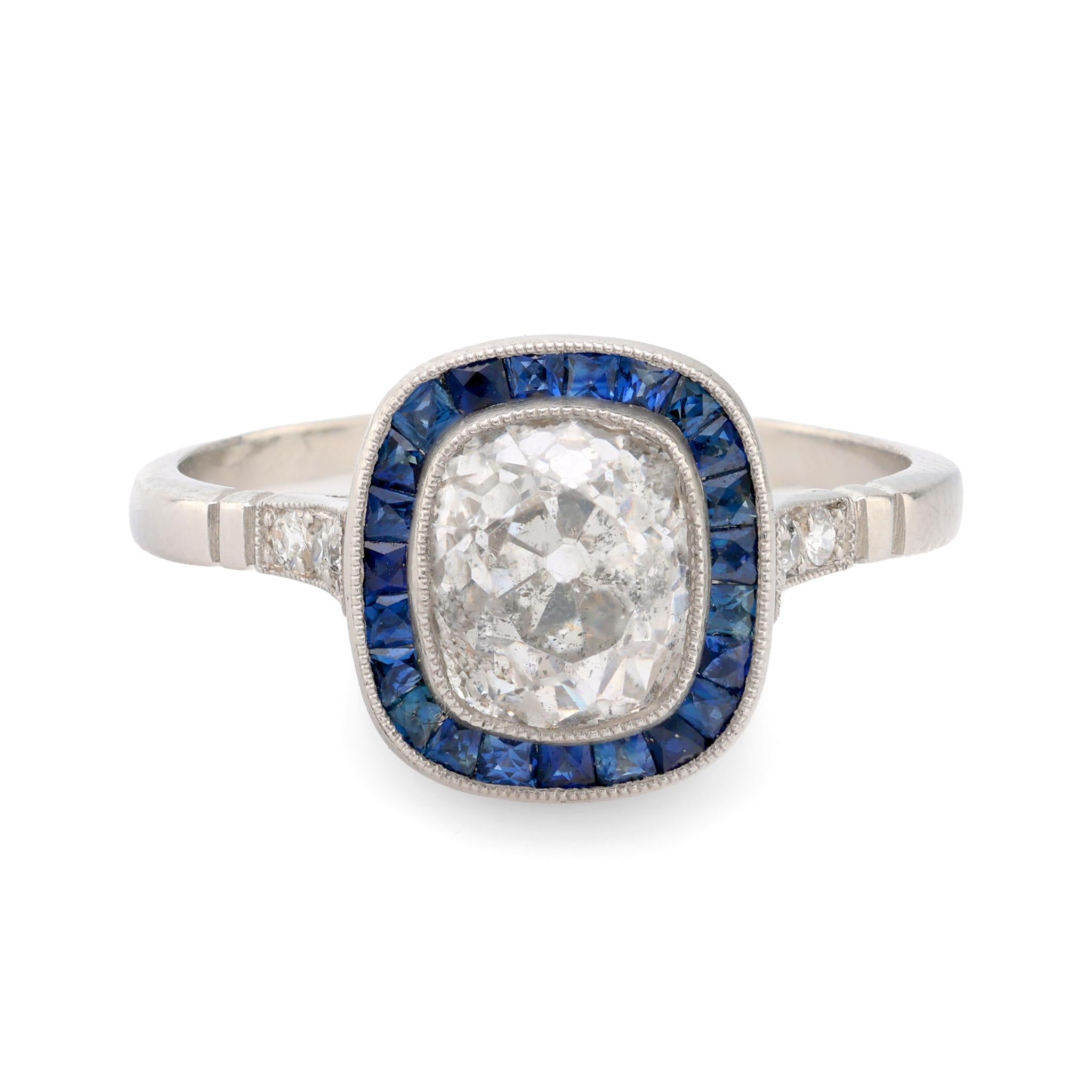 Art Deco style diamond sapphire platinum halo ring Jack Weir & Sons