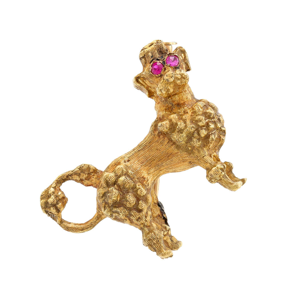 Vintage ruby 18k yellow gold poodle brooch Jack Weir & Sons