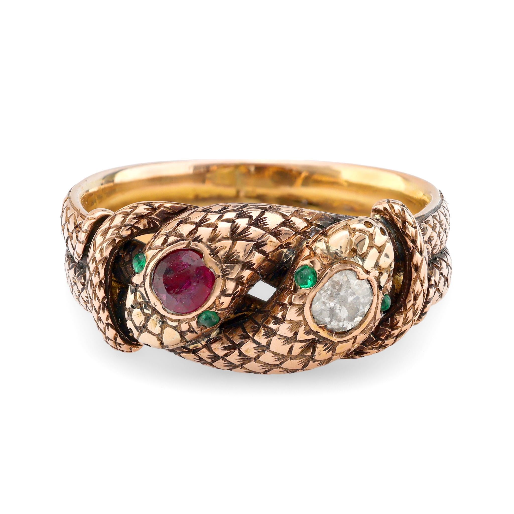 Victorian 18k rose gold ruby diamond snake ring Jack Weir & Sons