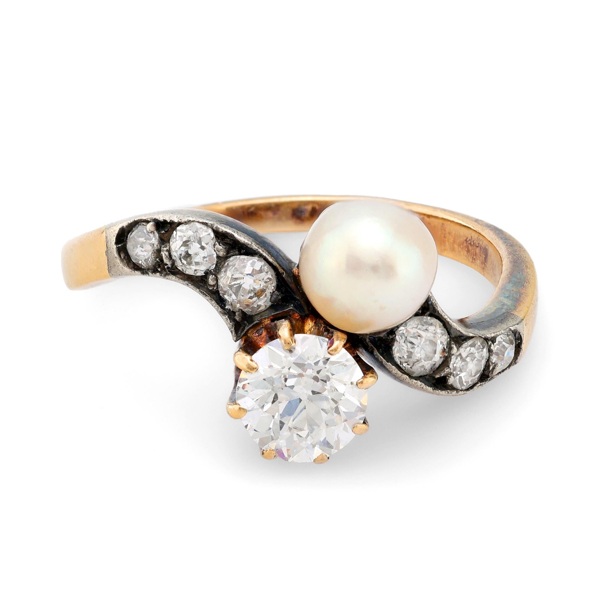 Edwardian pearl diamond 18k yellow gold silver Toi Et Moi ring Jack Weir & Sons