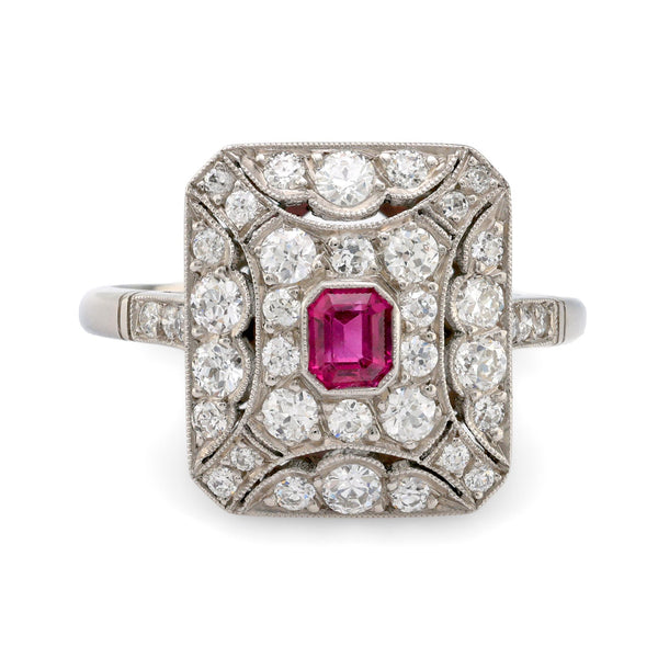 Art Deco Inspired ruby diamond platinum square ring Jack Weir & Sons