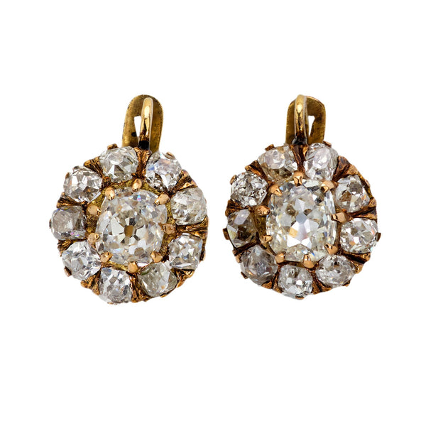 Victorian style 3.15 carat total weight diamond 18k yellow gold cluster earrings Jack Weir & Sons