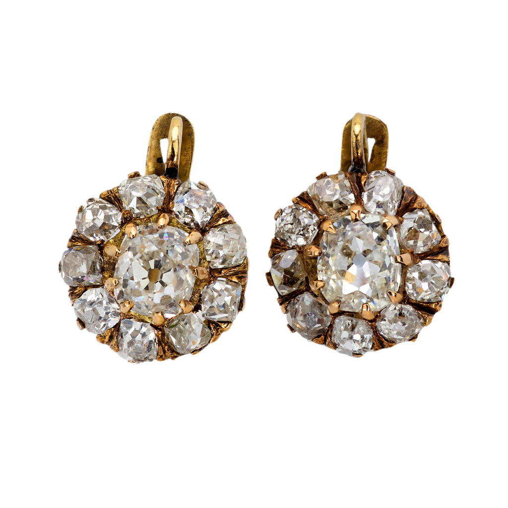 Victorian style 3.15 carat total weight diamond 18k yellow gold cluster earrings Jack Weir & Sons