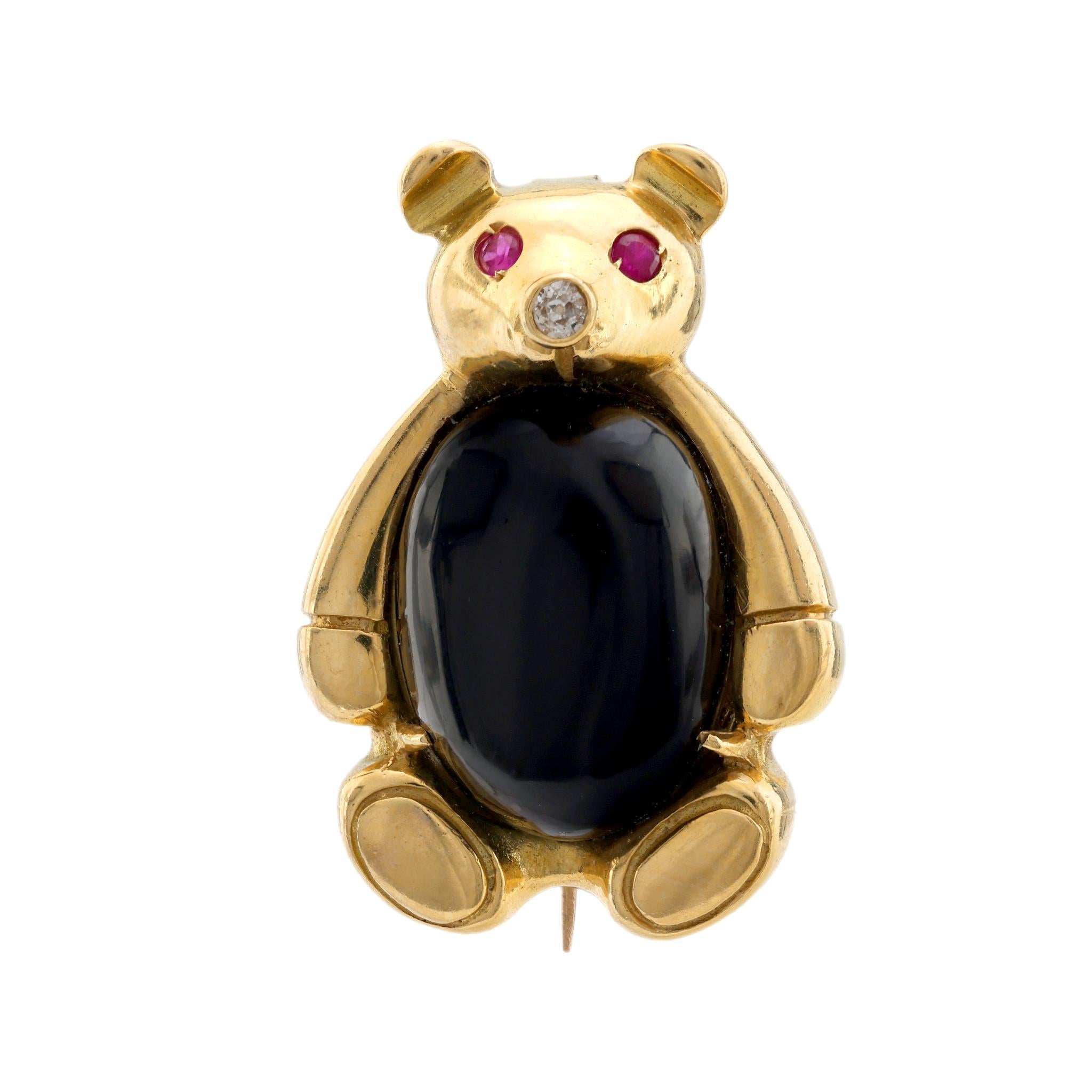 Vintage diamond ruby onyx 18k yellow gold Teddy bear brooch