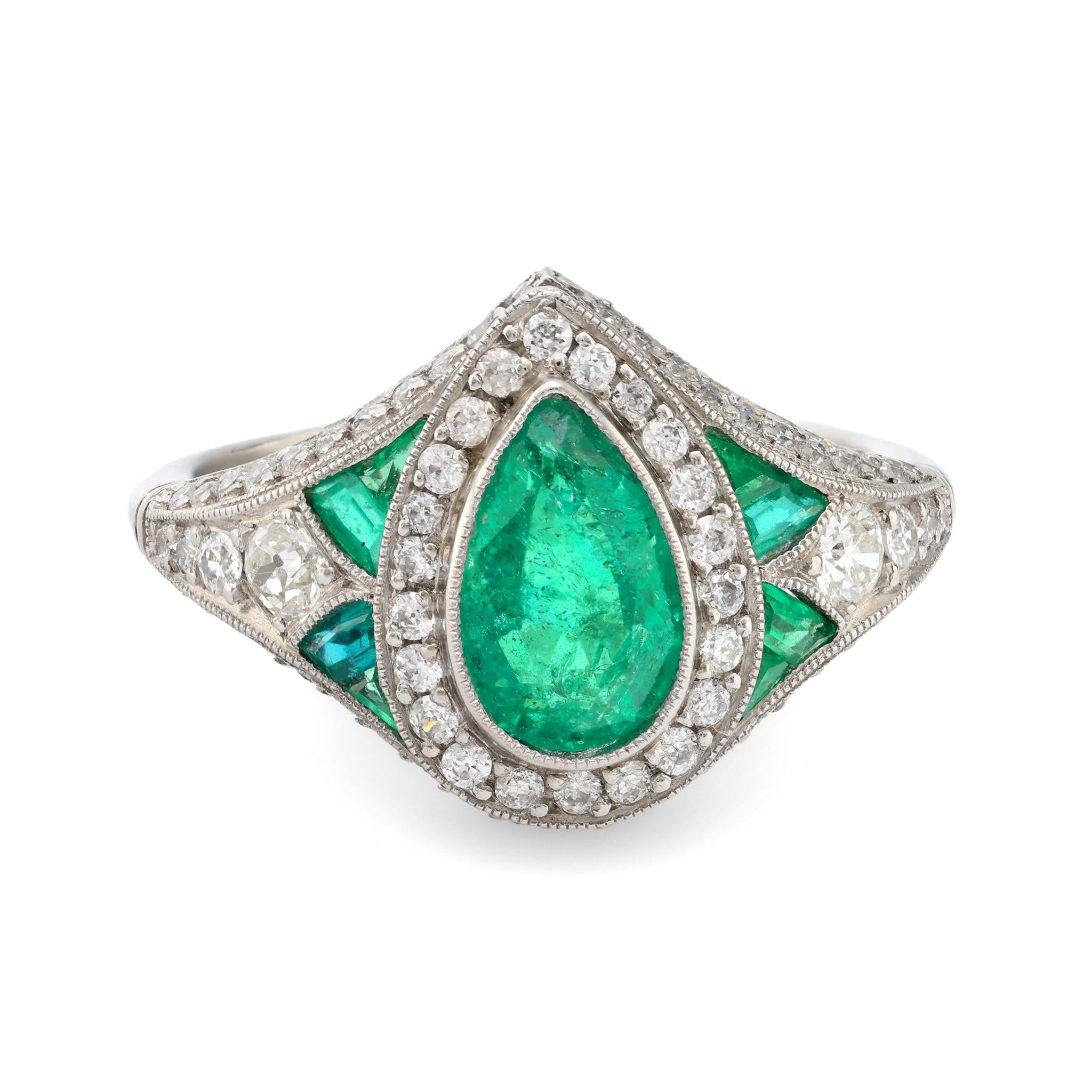 Art Deco style 1.15 carat emerald diamond platinum cocktail ring