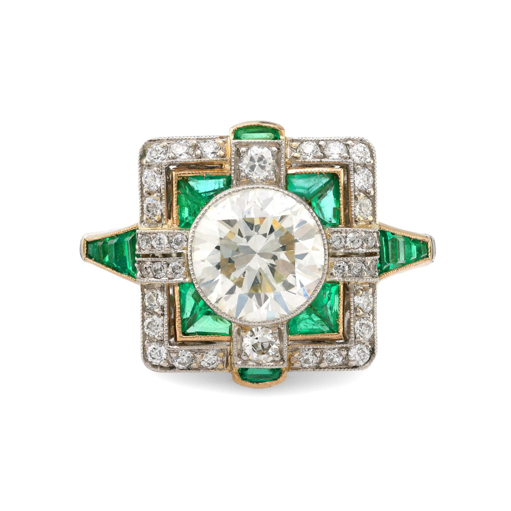 Art Deco style 1.64 carat diamond emerald platinum square ring Jack Weir & Sons