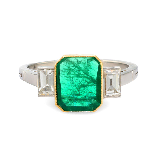 Vintage emerald diamond platinum and 18k yellow gold ring Jack Weir & Sons