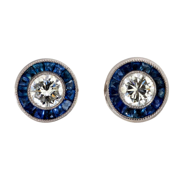 Art Deco inspired diamond sapphire platinum target stud earrings Jack Weir & Sons