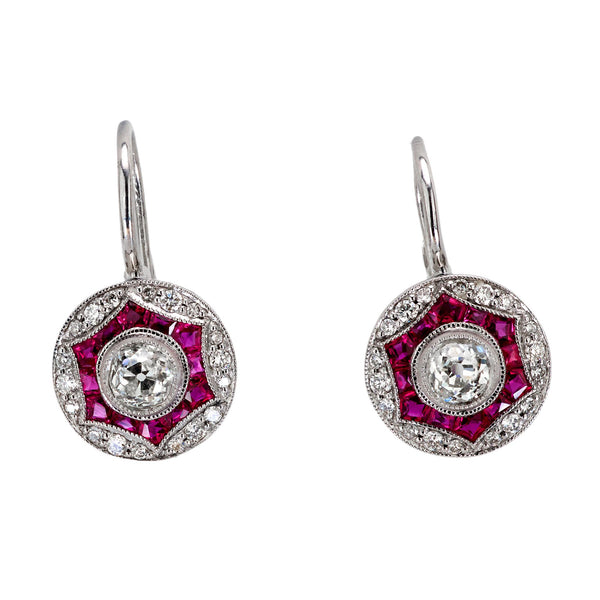 Art Deco style diamond ruby 14k white gold target earrings Jack Weir & Sons