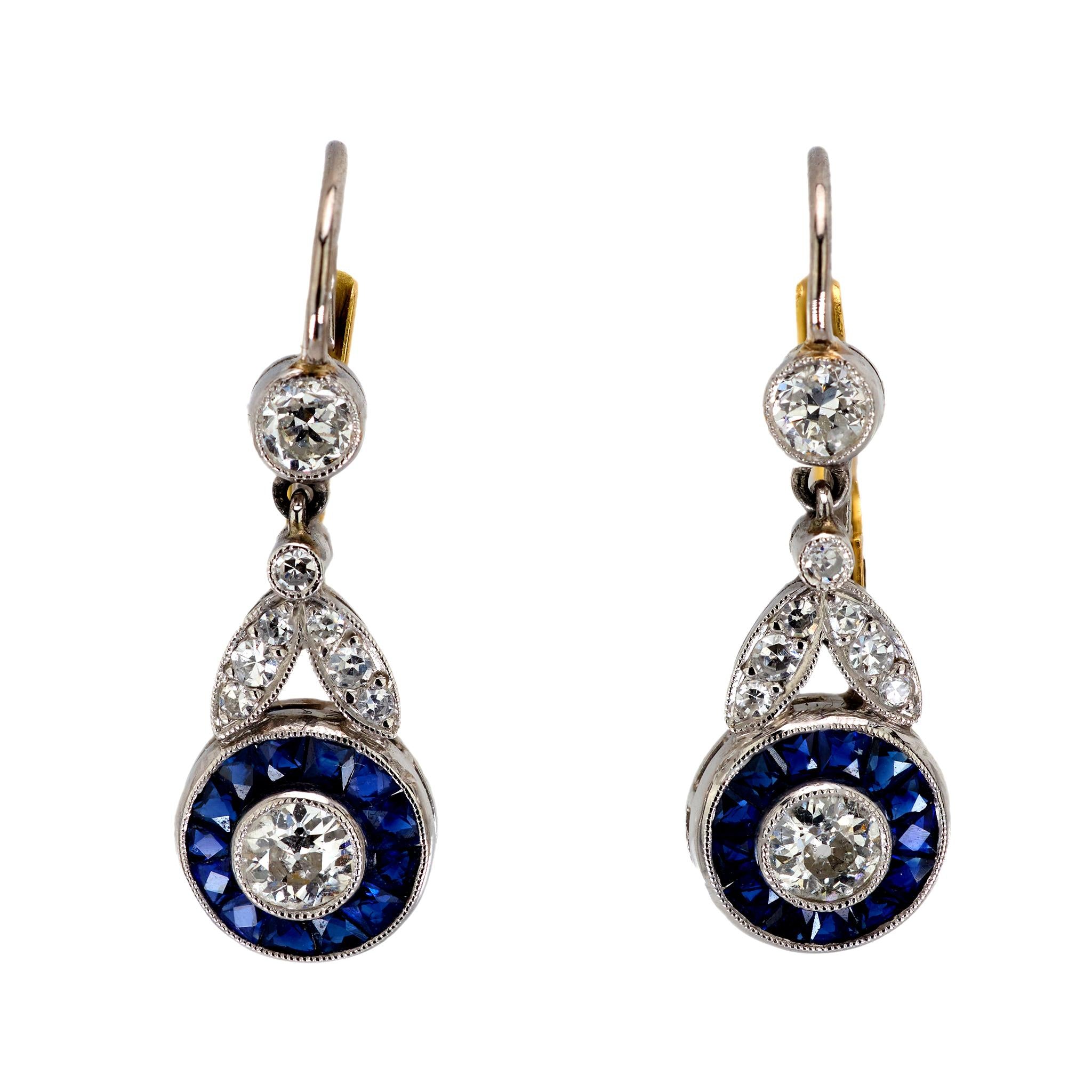 Art Deco inspired diamond sapphire platinum drop earrings Jack Weir & Sons