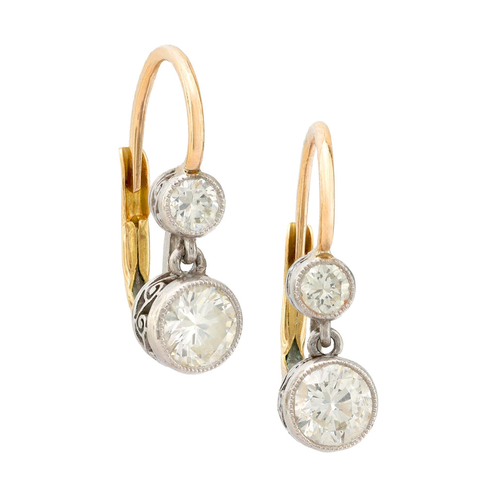 Antique style .85 carat total weight diamond 18k gold platinum drop earrings Jack Weir & Sons