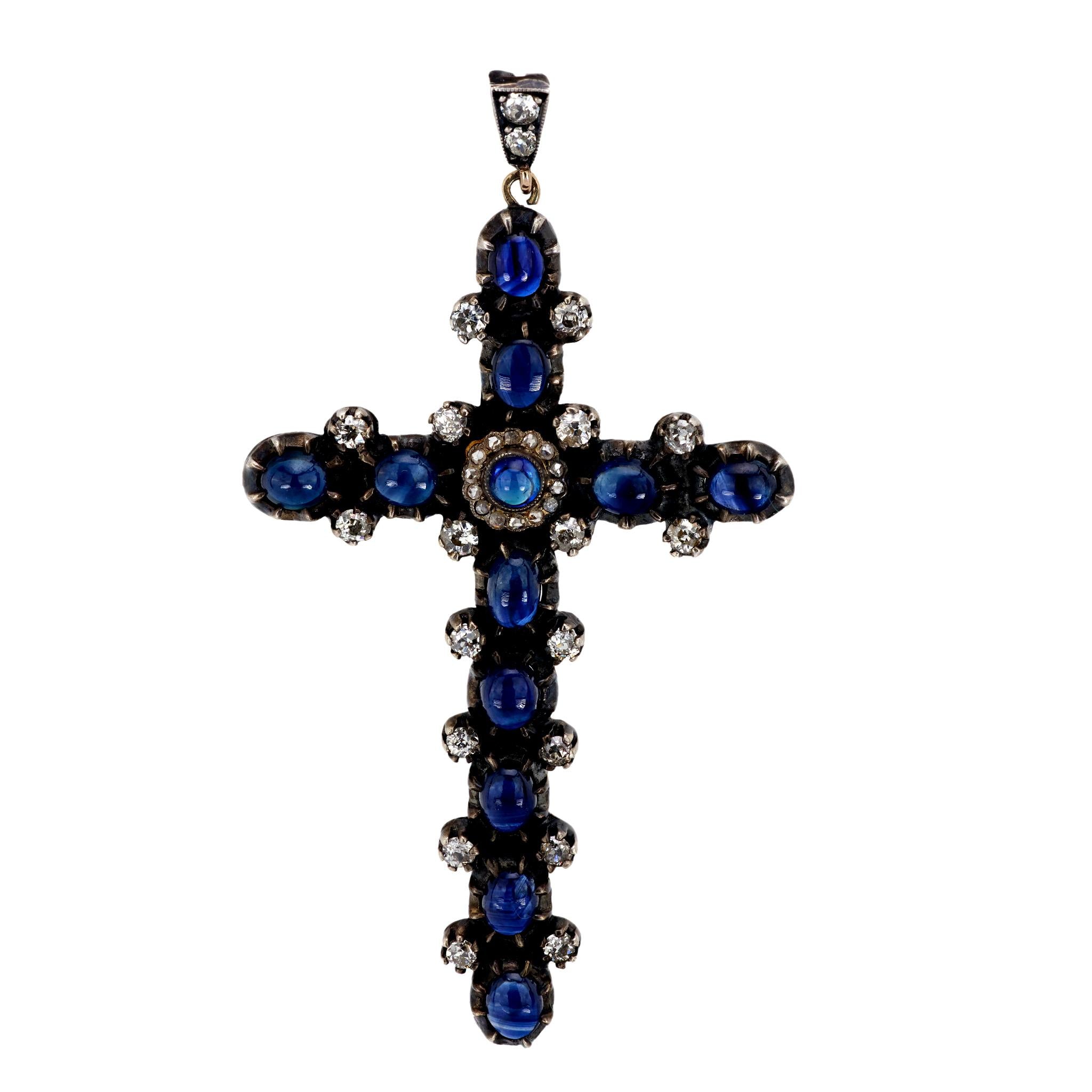 Georgian style 4.30 carat sapphire diamond 18k yellow gold silver cross pendant Jack Weir & Sons