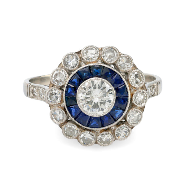 Art Deco style 0.35 carat diamond sapphire platinum target ring