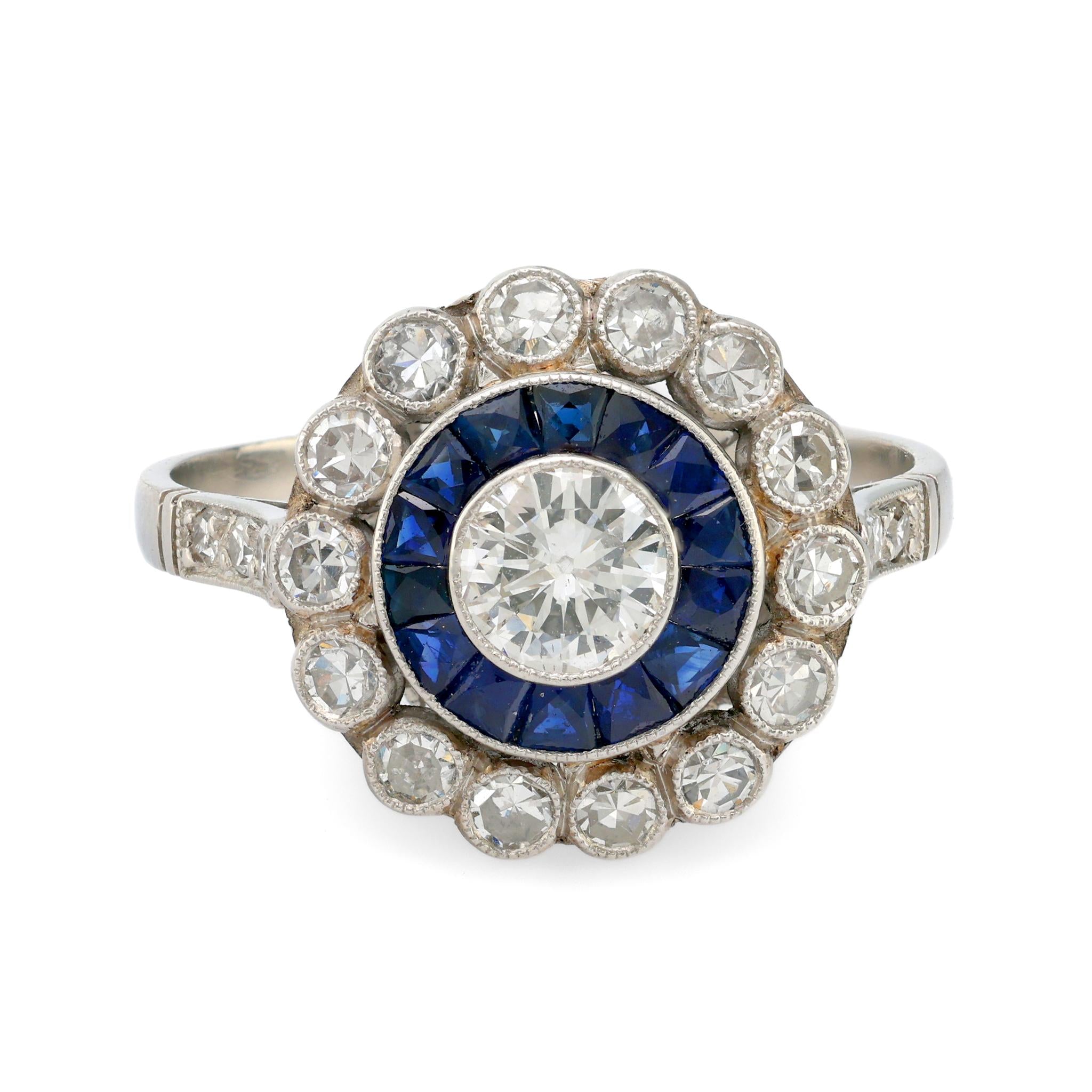 Art Deco style 0.35 carat diamond sapphire platinum target ring