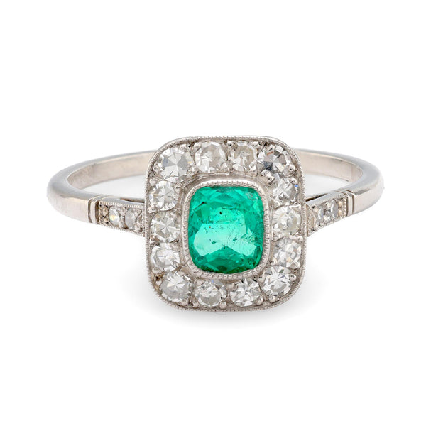 Art Deco style .54 carat emerald diamond platinum ring Jack Weir & Sons