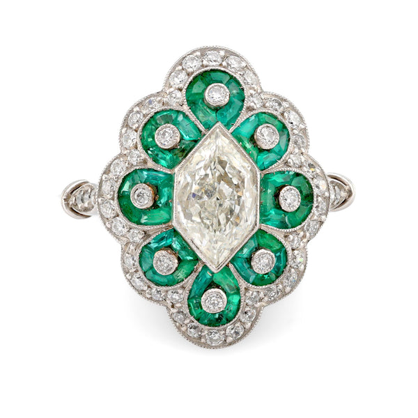 Art Deco style diamond emerald platinum Navette ring Jack Weir & Sons