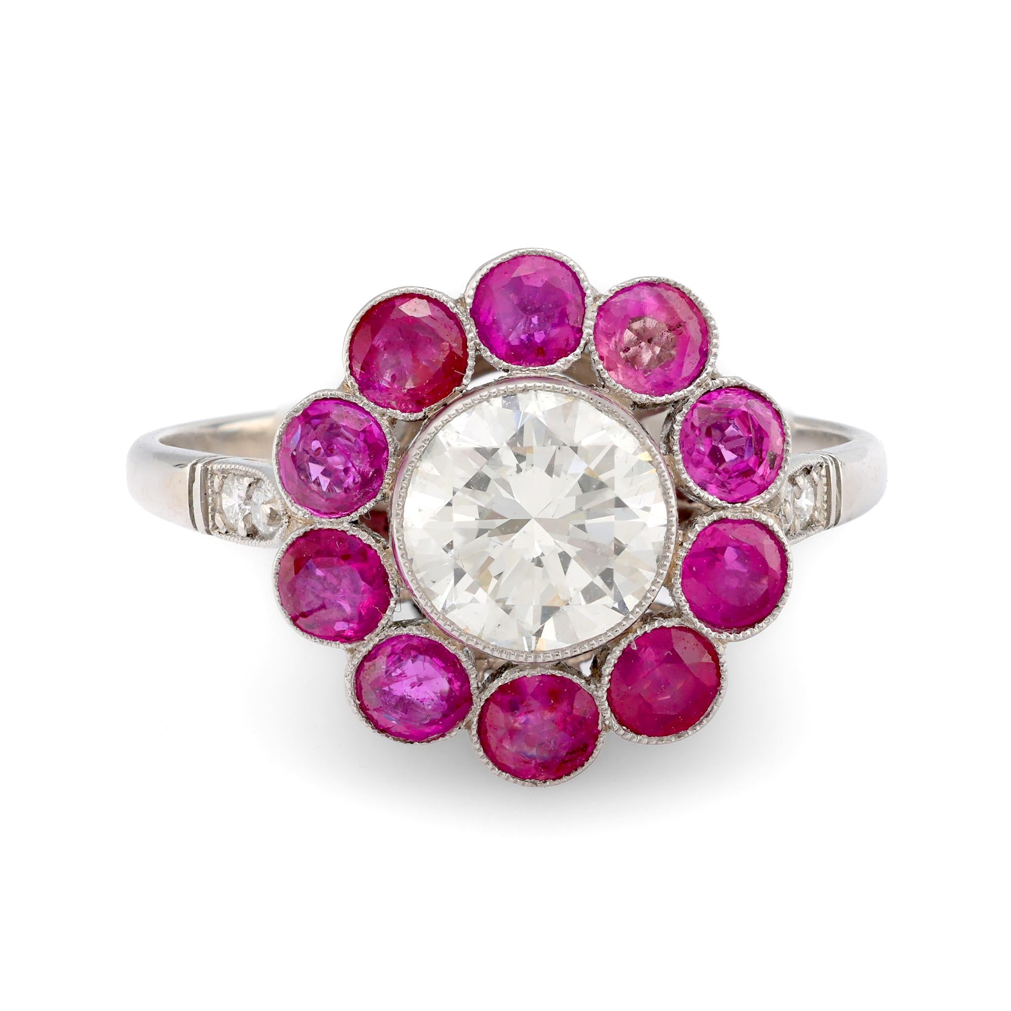 Art Deco style 1.11 carat transitional cut diamond ruby platinum cluster ring Jack Weir & Sons