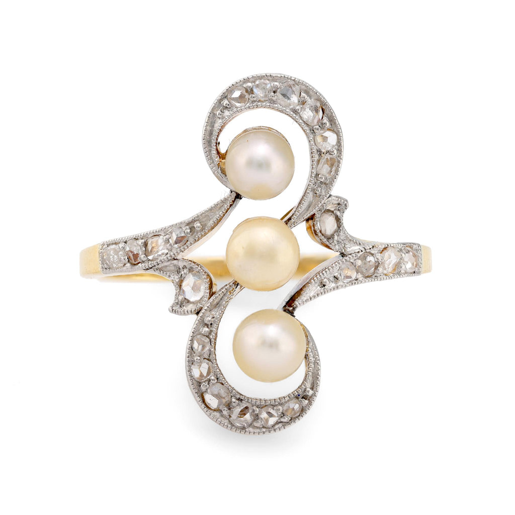 Edwardian pearl diamond 18k yellow gold and platinum navette ring