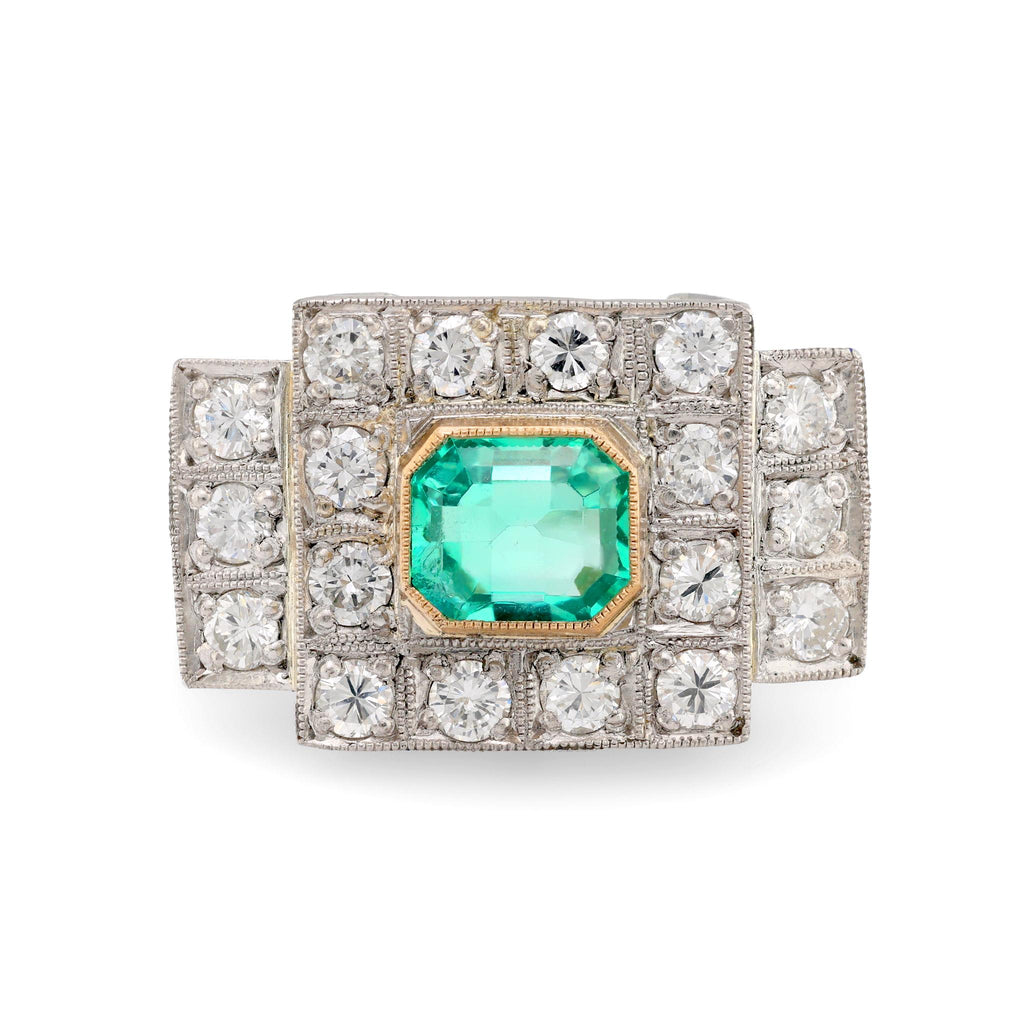 Art Deco style 1.17 carat emerald diamond platinum Tank ring Jack Weir & Sons