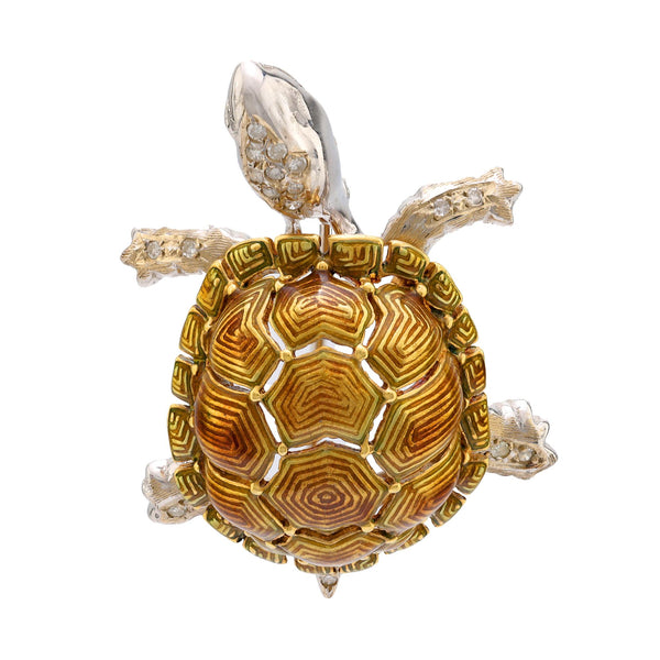 Mid Century diamond 18k gold enamel turtle brooch Jack Weir & Sons