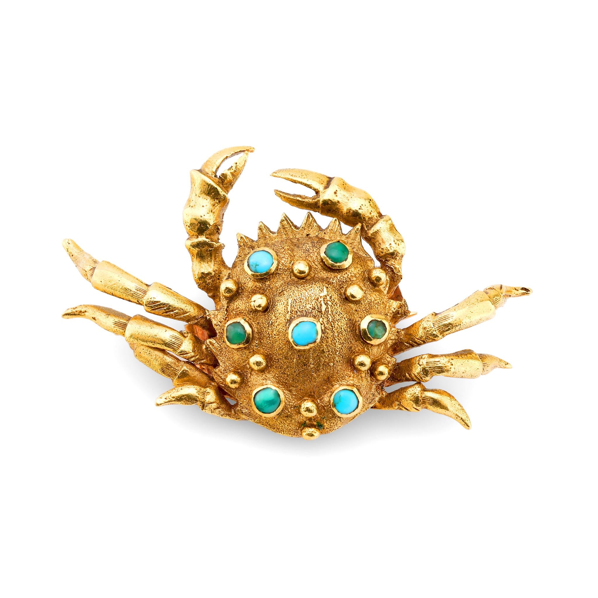 Mid Century turquoise 18k yellow gold crab brooch