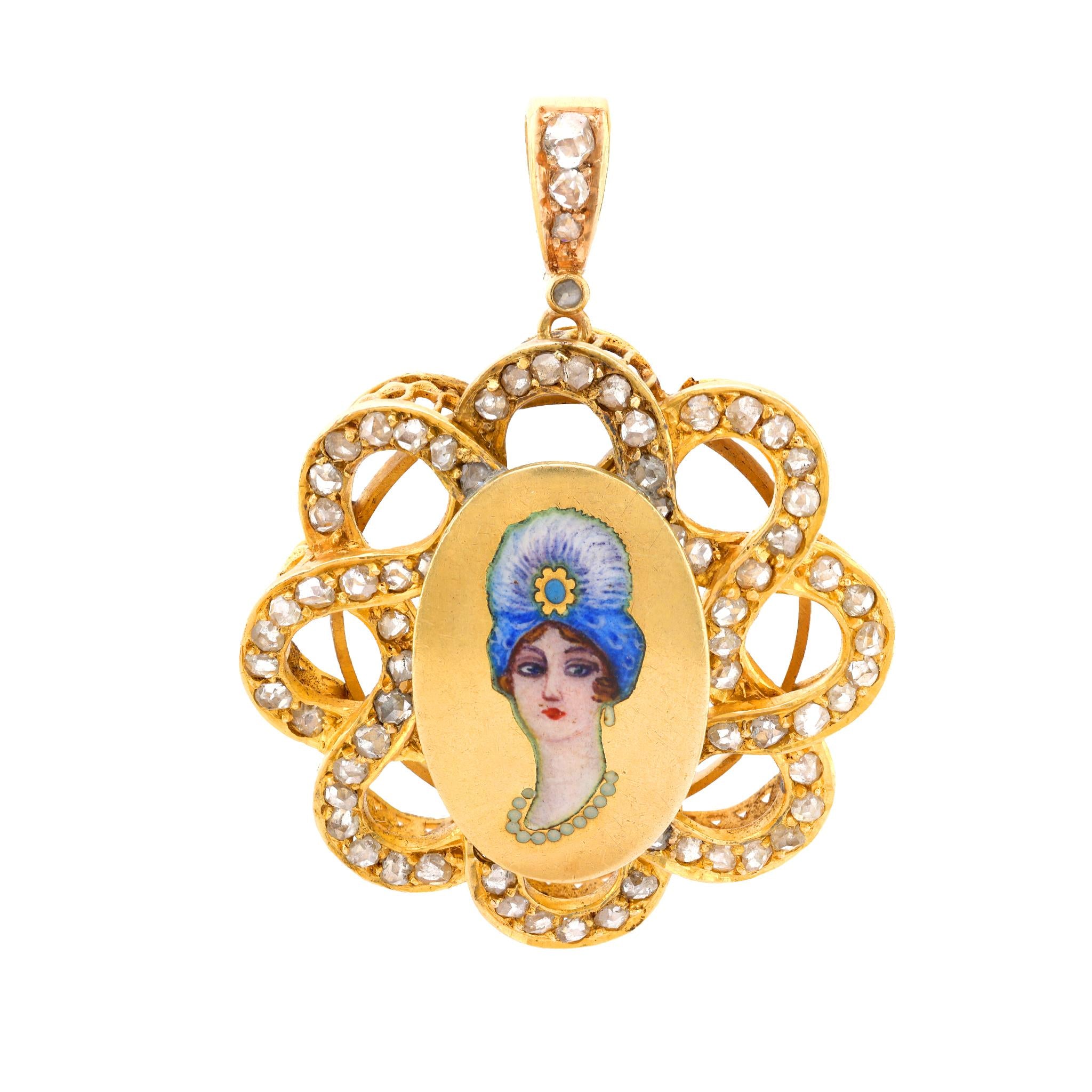 Edwardian rose cut diamond 18k yellow gold pendant