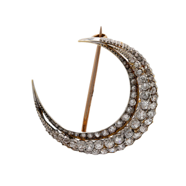 Antique diamond 18k yellow gold and silver crescent brooch Jack Weir & Sons