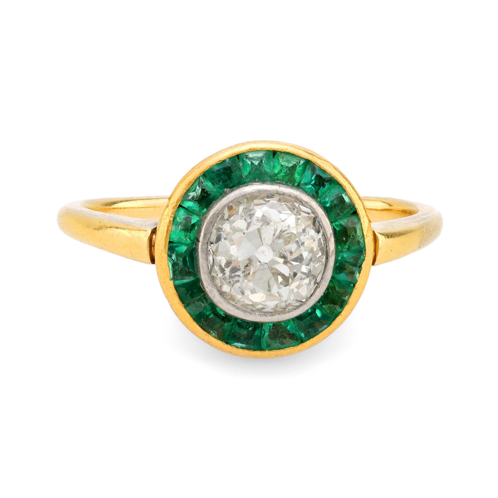 Art Deco diamond emerald 18k yellow gold target ring Jack Weir & Sons