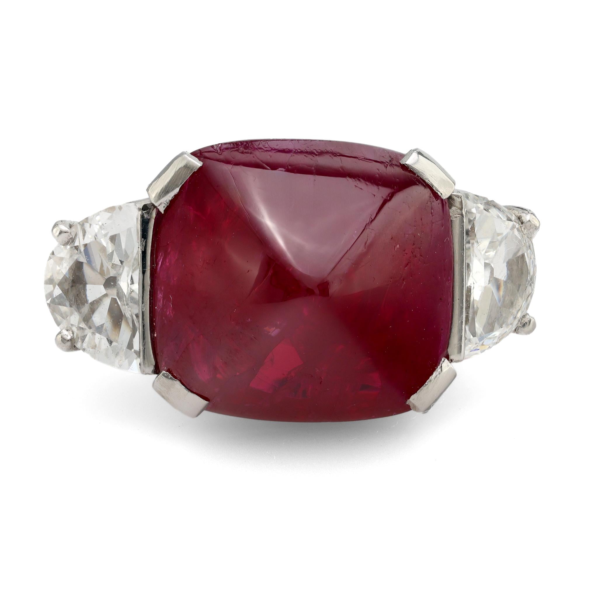 GRS 9.48 carat Burma no heat cabochon ruby diamond platinum ring Jack Weir & Sons