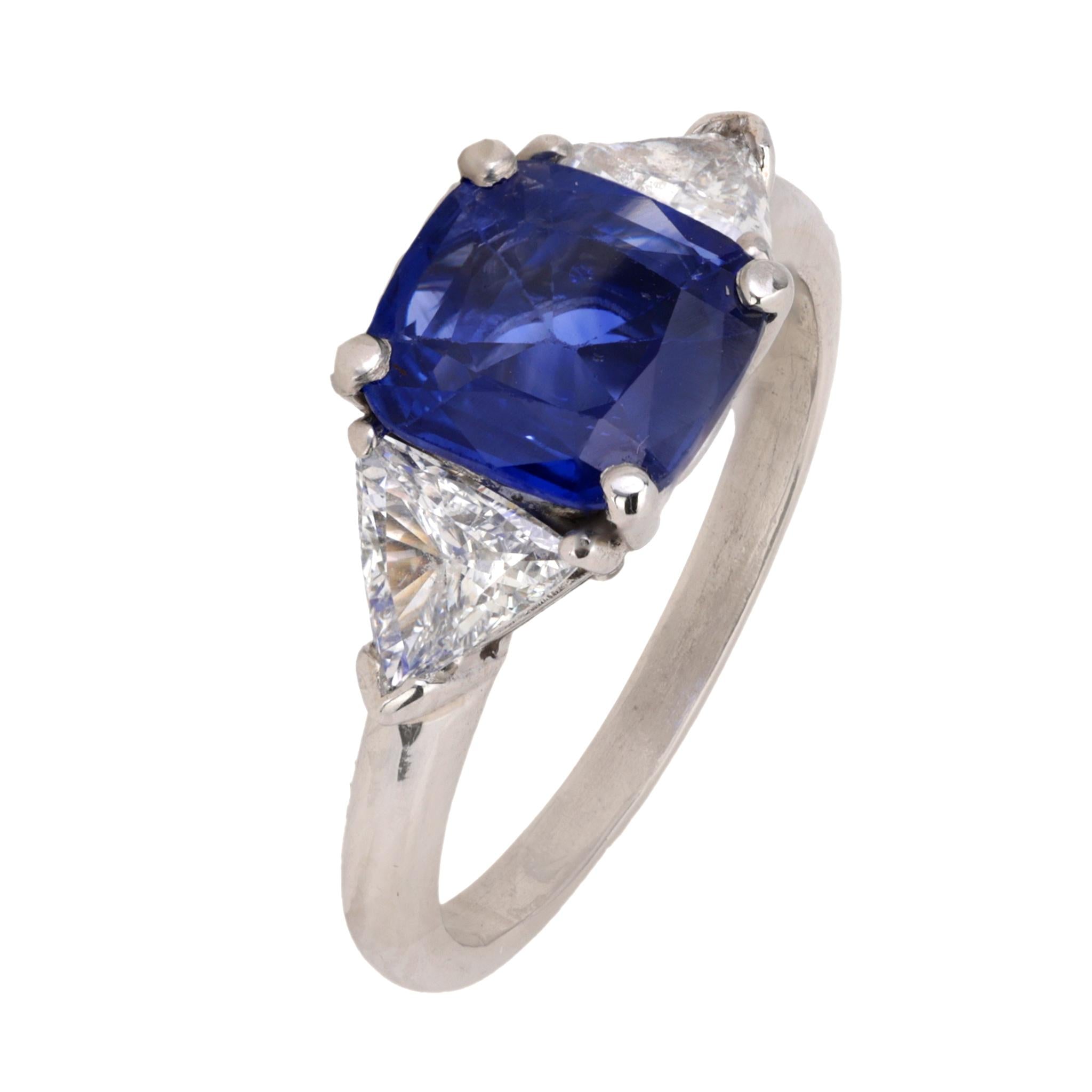 GIA 1.55 carat cushion cut sapphire diamond platinum three stone ring