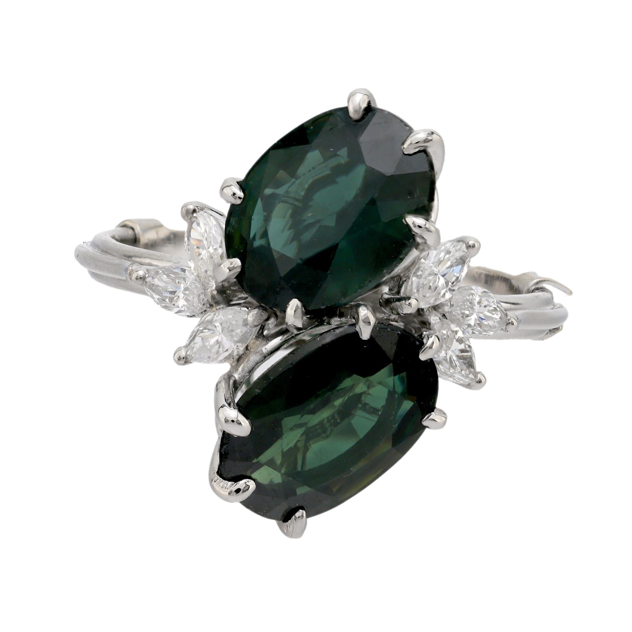 Mid Century 4.34 carat green sapphire platinum toi et moi ring Jack Weir & Sons