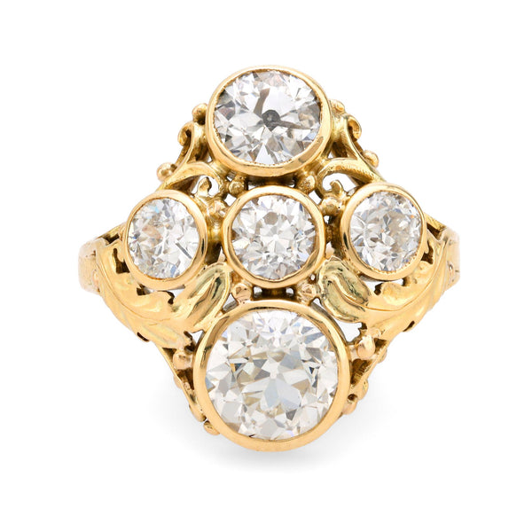 Antique GIA 3.40 carat total weight diamond 14k yellow gold five stone ring Jack Weir & Sons