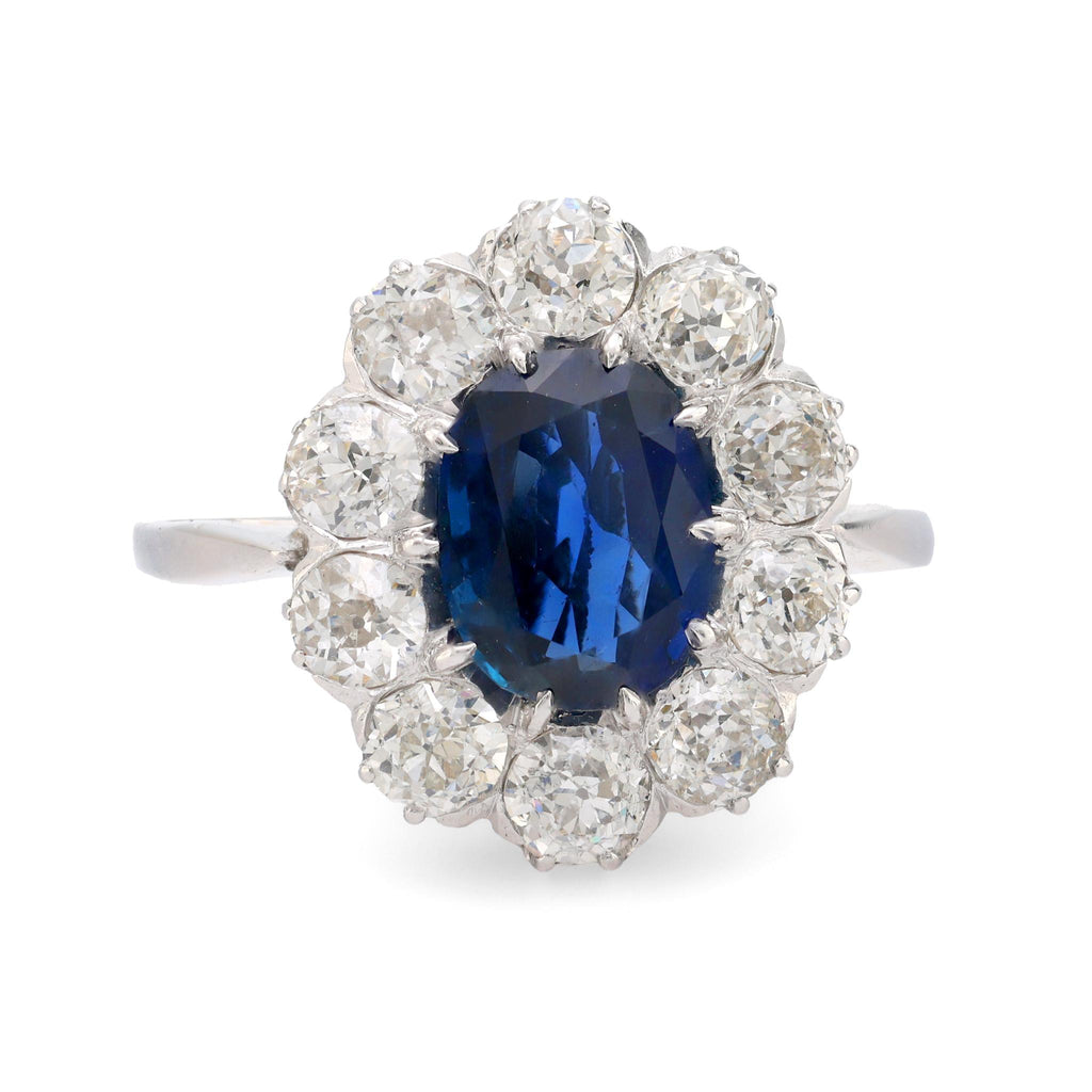 Edwardian GIA 1.67 carat Burma no heat sapphire diamond platinum cluster ring Jack Weir & Sons