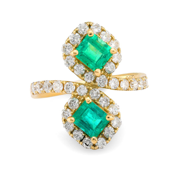 Modern 18k yellow gold 1.12 carat emerald diamond toi et moi pave ring Jack Weir & Sons