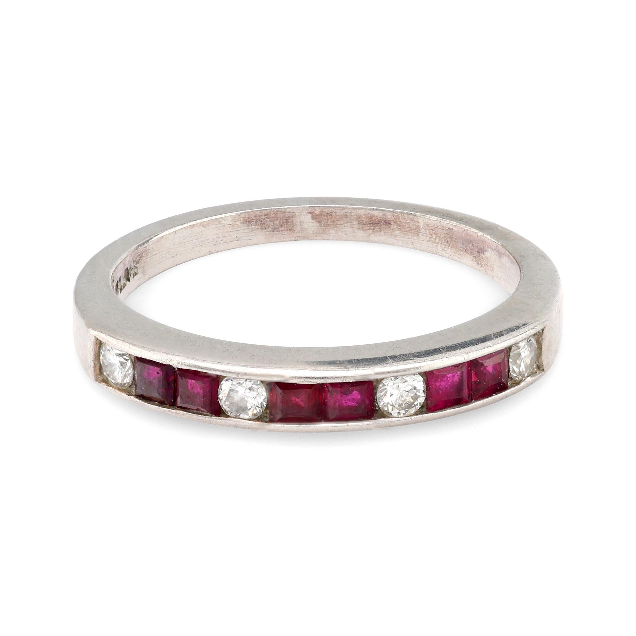 Mid Century ruby diamond platinum wedding band