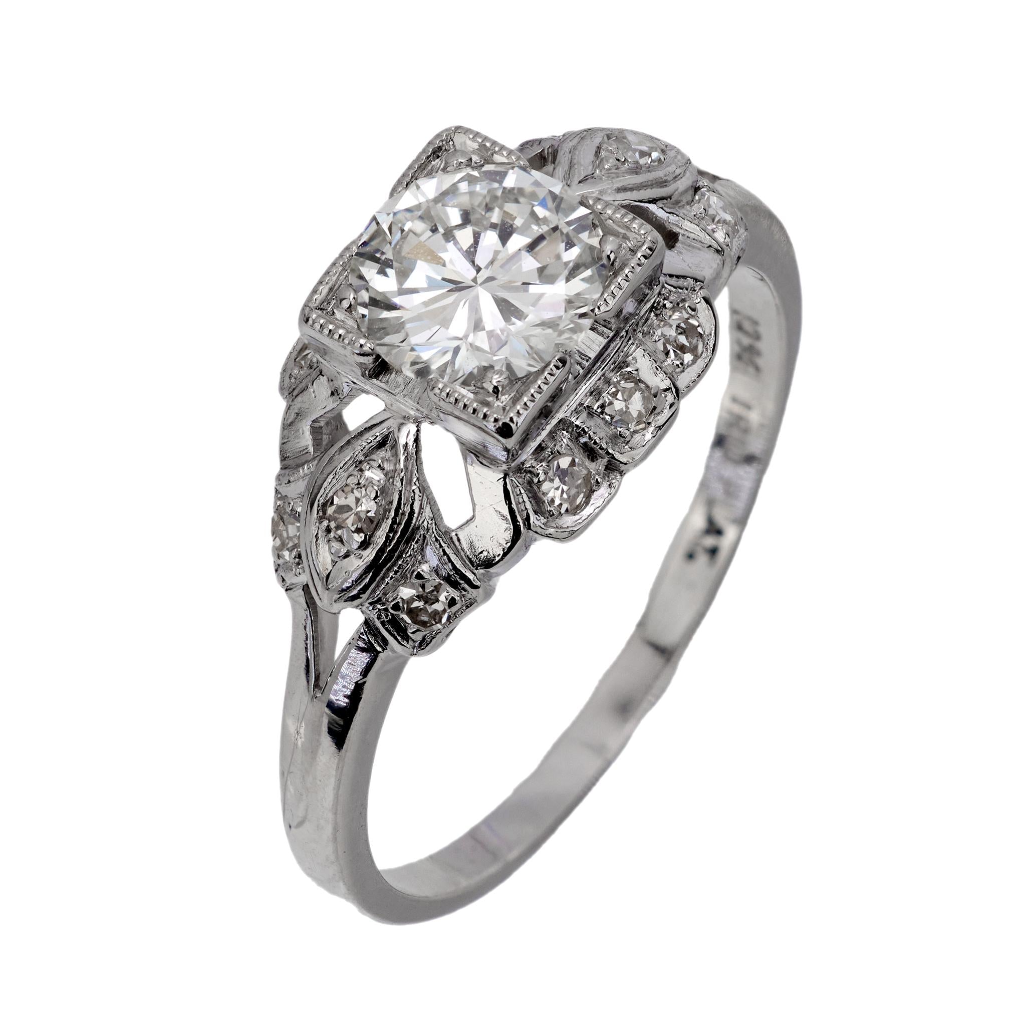 Art Deco GIA .76 carat diamond platinum engagement ring