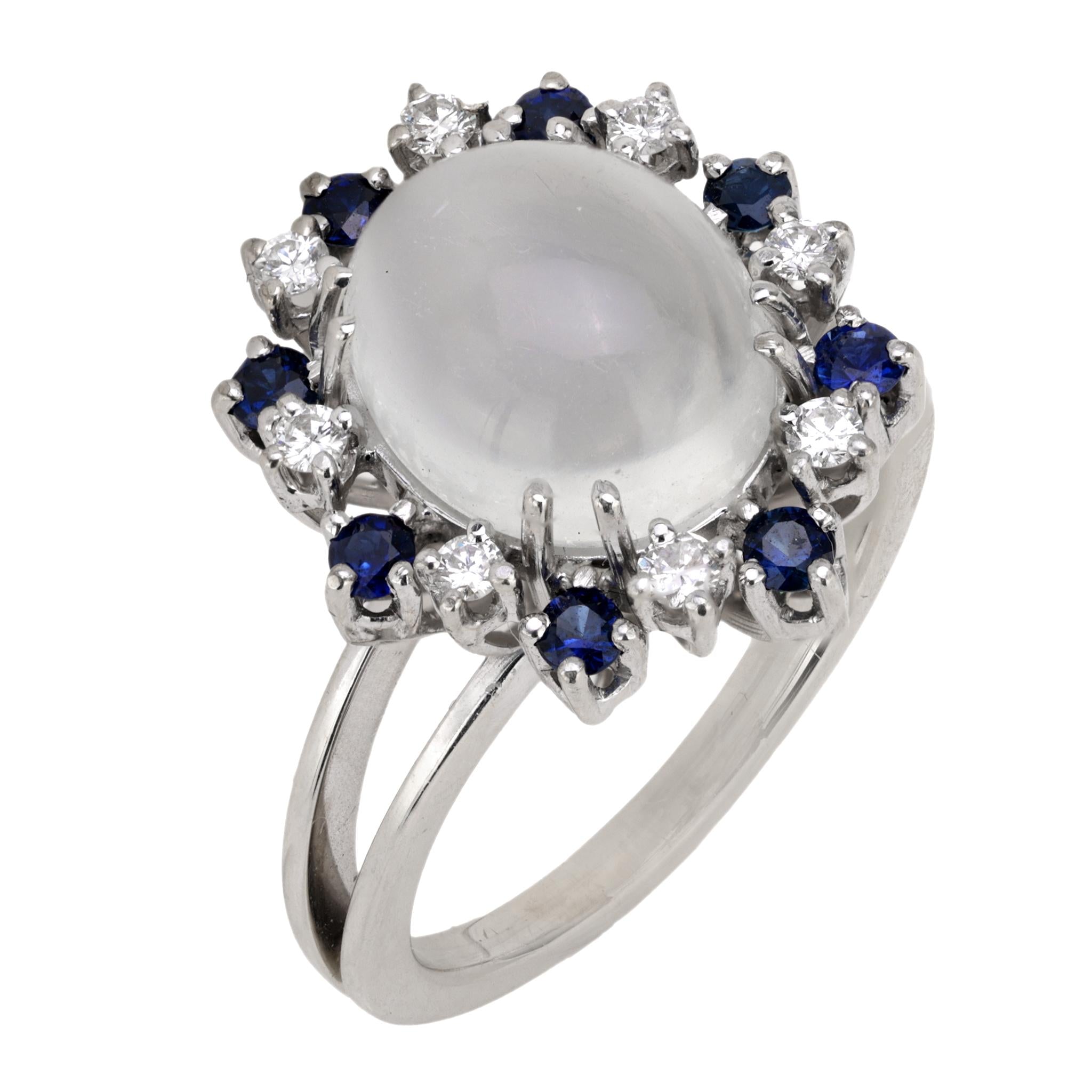 Vintage 5.20 carat moonstone diamond sapphire 14k white gold cocktail ring