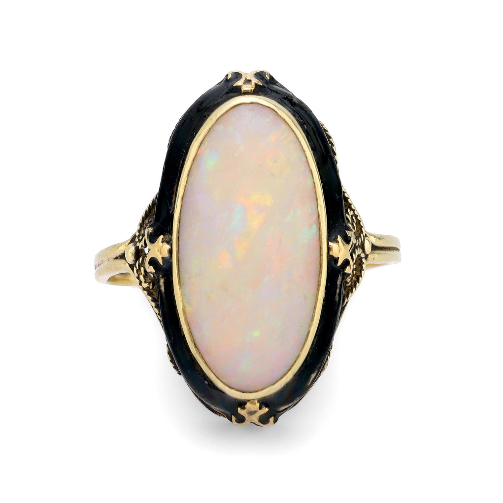 Antique 3.50 carat cabochon cut opal 14k yellow gold enamel ring Jack Weir & Sons