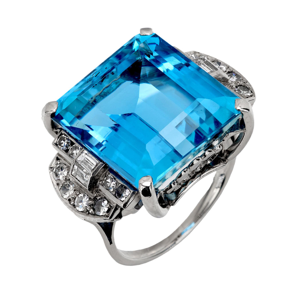 Art Deco 19.02 carat aquamarine diamond platinum cocktail ring Jack Weir & Sons