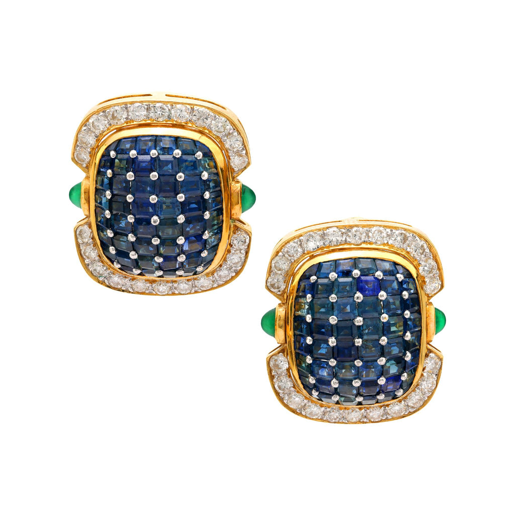 Contemporary 9 carat invisible set sapphire diamond emerald 18k gold earrings Jack Weir & Sons