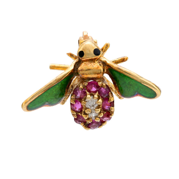 Mid Century ruby diamond 14 yellow gold enamel bee brooch Jack Weir & Sons