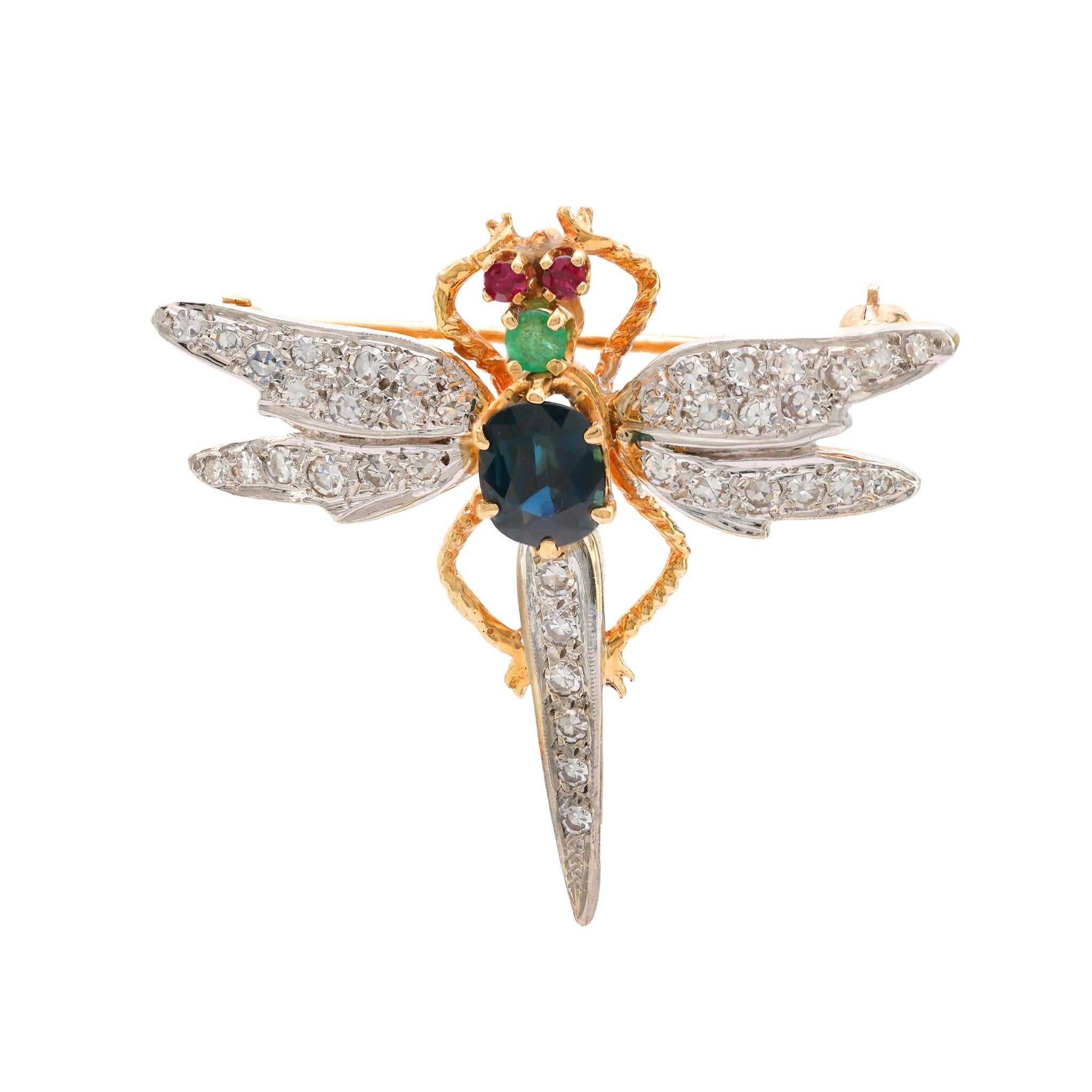 Mid Century sapphire diamond emerald ruby 18k gold dragonfly brooch Jack Weir & Sons