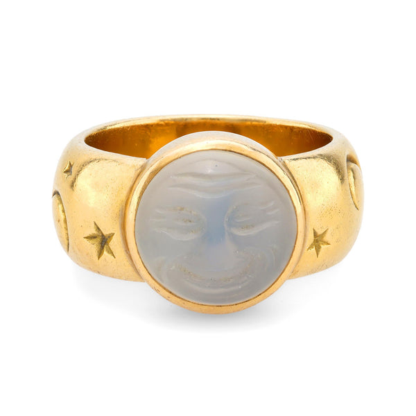 Retro moonstone engraved with the face of the moon 18k yellow gold ring Jack Weir & Sons