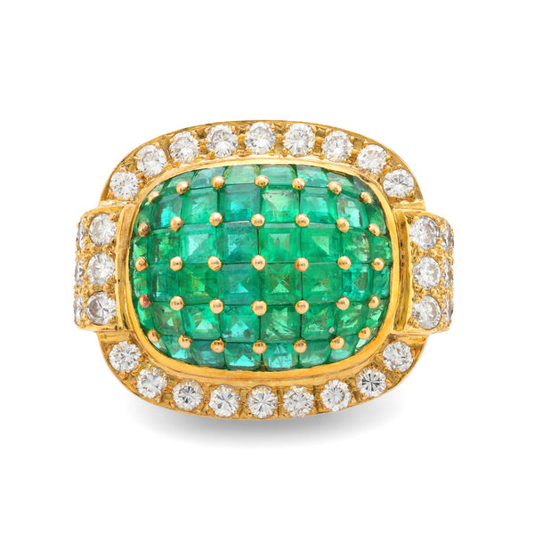 Contemporary 3.50 carat invisible set emerald diamond 18k yellow gold ring Jack Weir & Sons