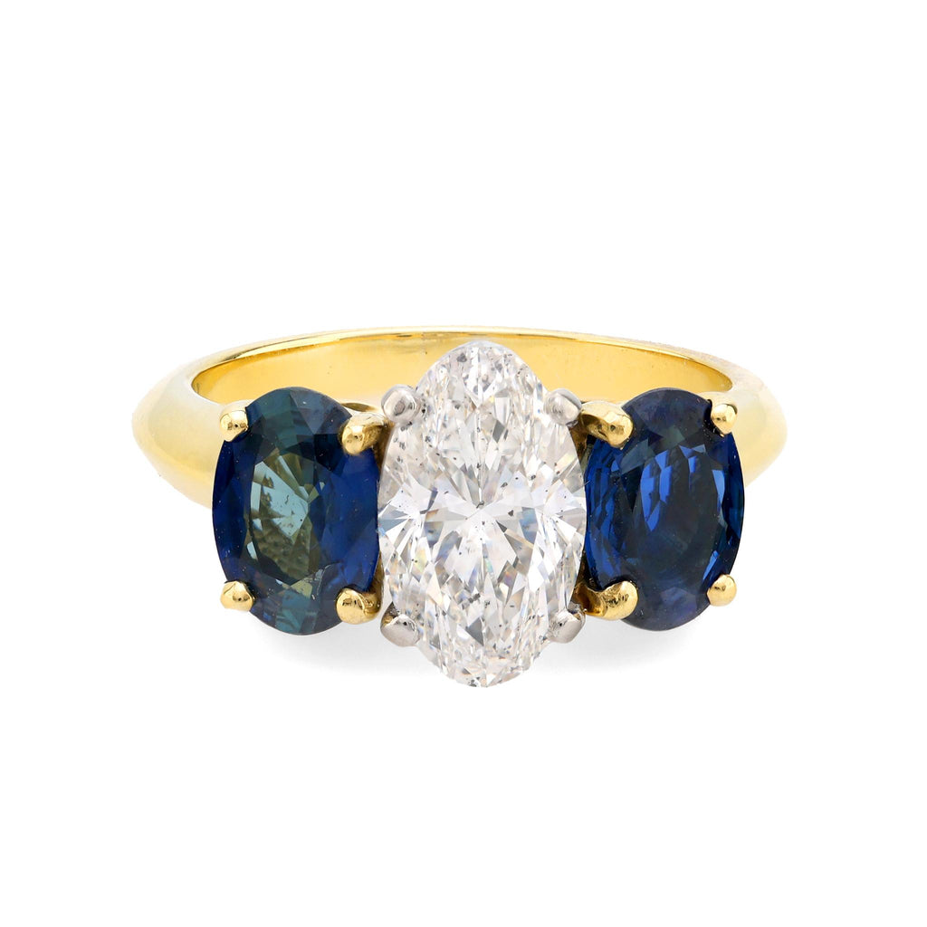 GIA 1.53 carat diamond sapphire 18k yellow gold three stone ring Jack Weir & Sons