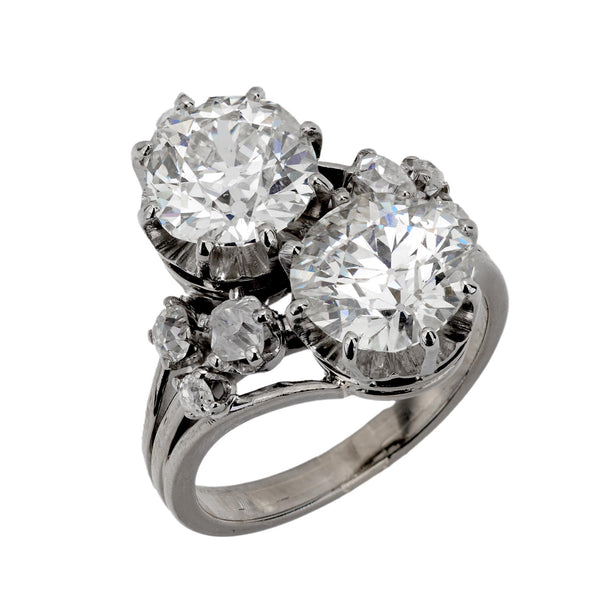 French GIA 4.03 carat total weight diamond 18k white gold Toi Et Moi ring Jack Weir & Sons