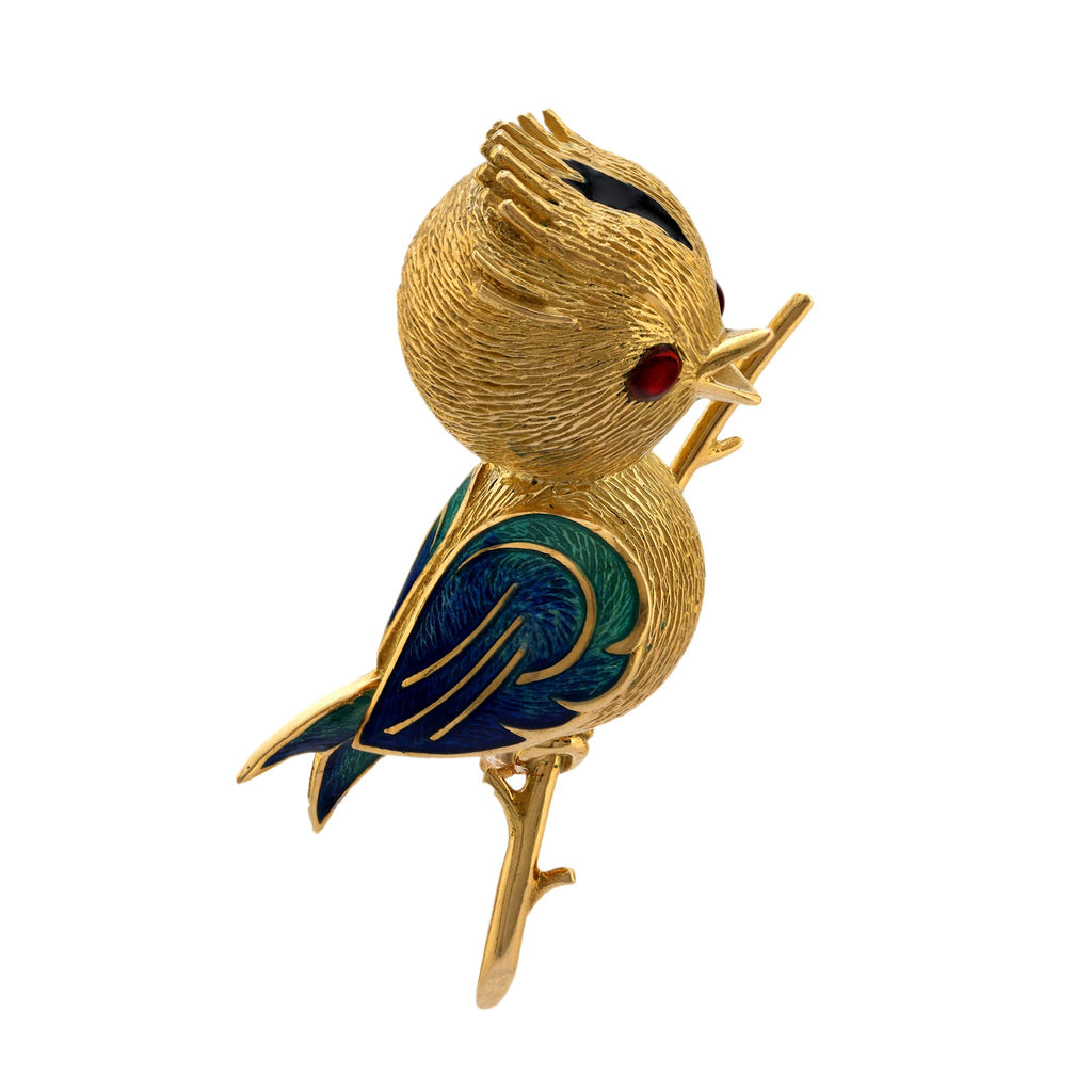 Vintage French garnet 18k yellow gold enamel bird brooch Jack Weir & Sons